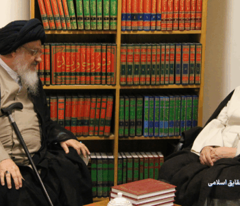 دیدار مرجع عالیقدر حضرت آیت الله العظمی حاج شیخ جعفر سبحانی و حضرت آیت الله سید علی حسینی میلانی حفظهما الله